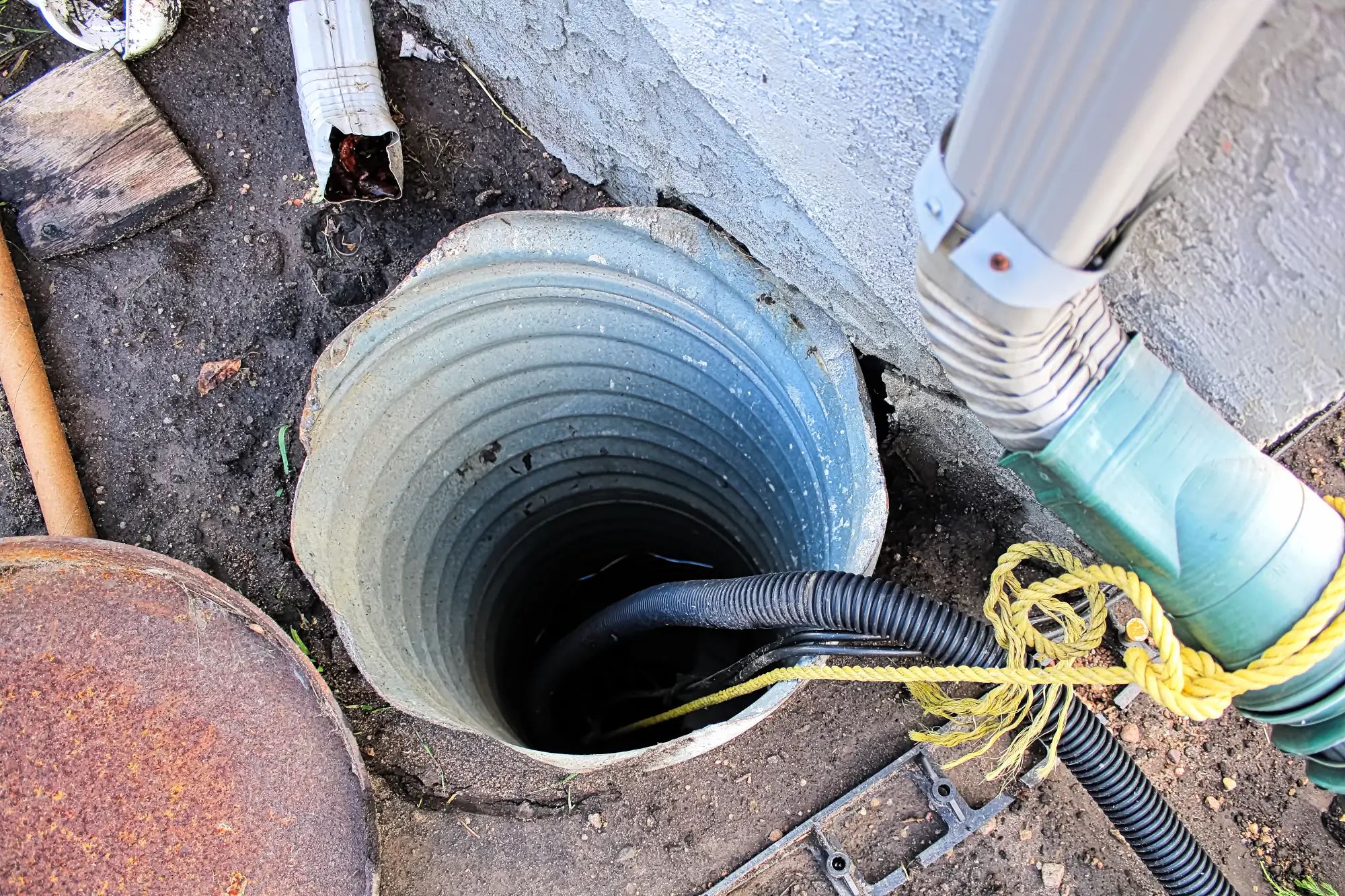 A corrugated metal sump pit next to a building foundation, with black drainage pipes and yellow rope nearby. The area around the pit is dirt and shows various utility items and pipes.