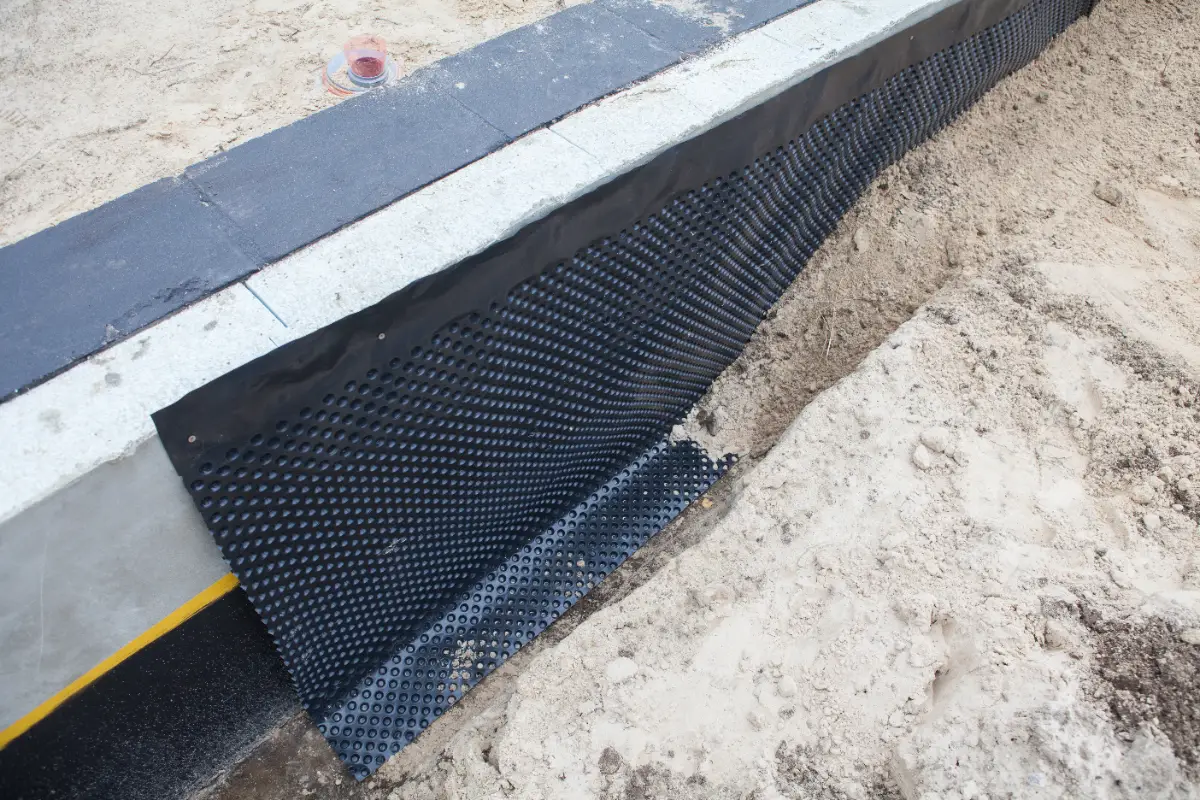 A black dimpled waterproofing membrane is being installed along the foundation wall of a building, with sand and soil partially covering the lower part of the membrane.