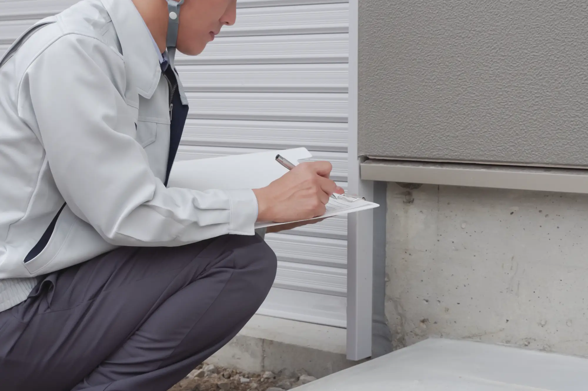 A person wearing a light colored work uniform and helmet is kneeling outdoors, writing on a clipboard, inspecting the exterior of a building near a foundation wall.