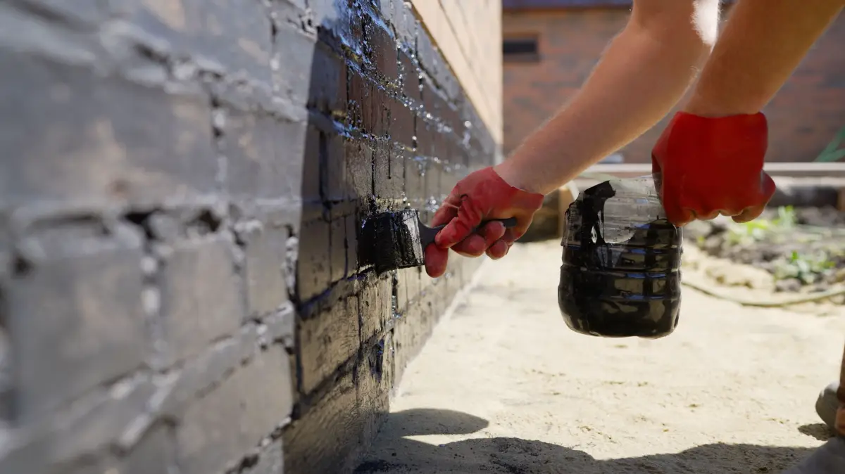 A person wearing red gloves applies black waterproofing paint to a brick wall using a brush, holding a container of paint with the other hand. The scene appears to be outdoors.