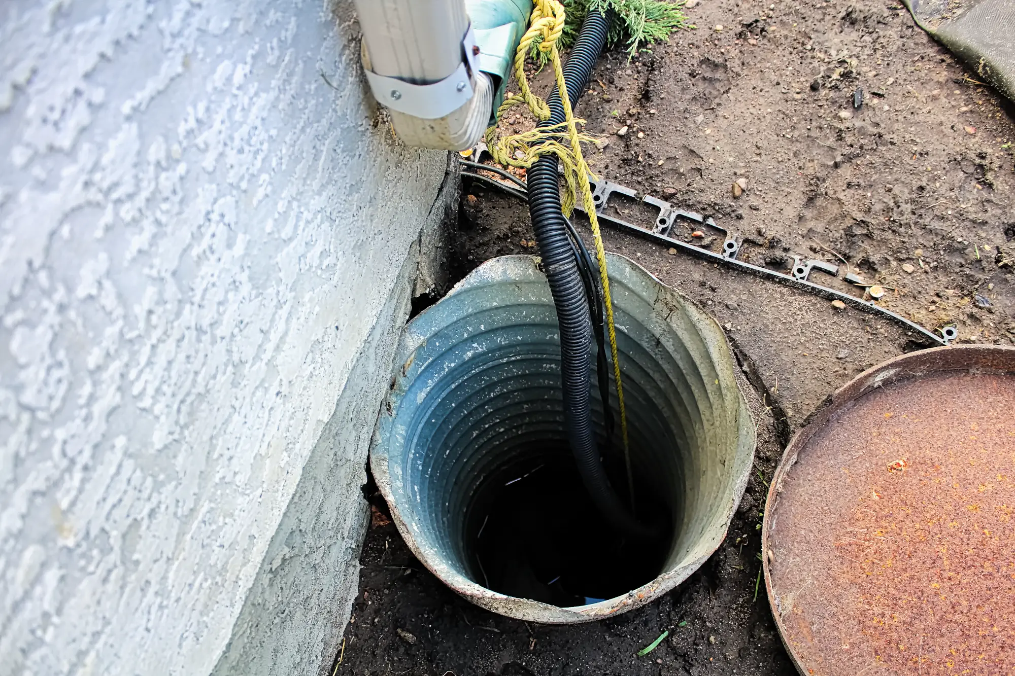 A metal drain pipe leads into a round, corrugated sump pit near the corner of a building. A black hose and yellow rope are inside the pit, and a rusty metal cover lies nearby on the dirt ground.