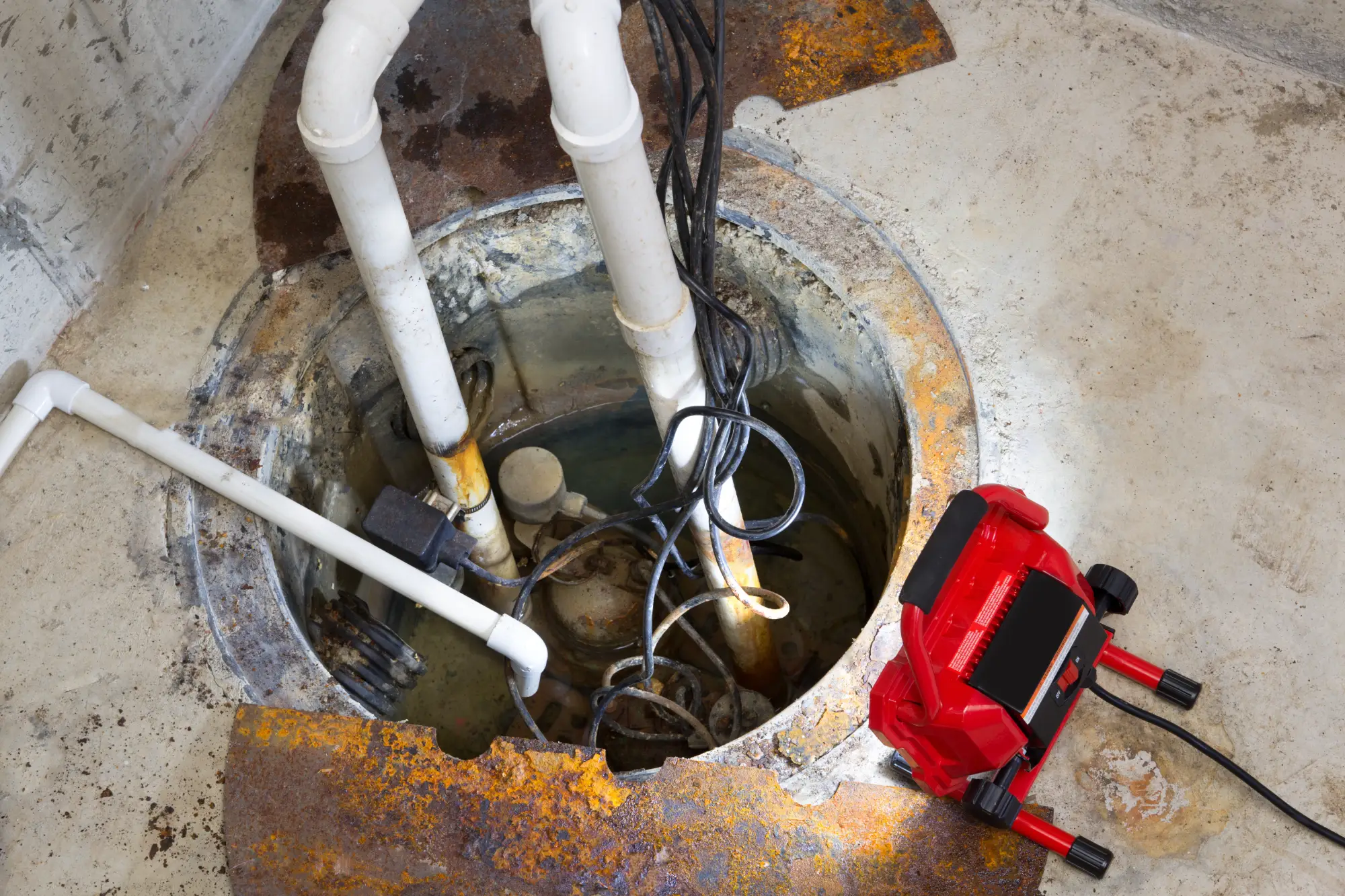 An open sump pump pit in a concrete basement floor, with exposed pipes and electrical cords, and a red submersible pump placed on the floor next to the pit.