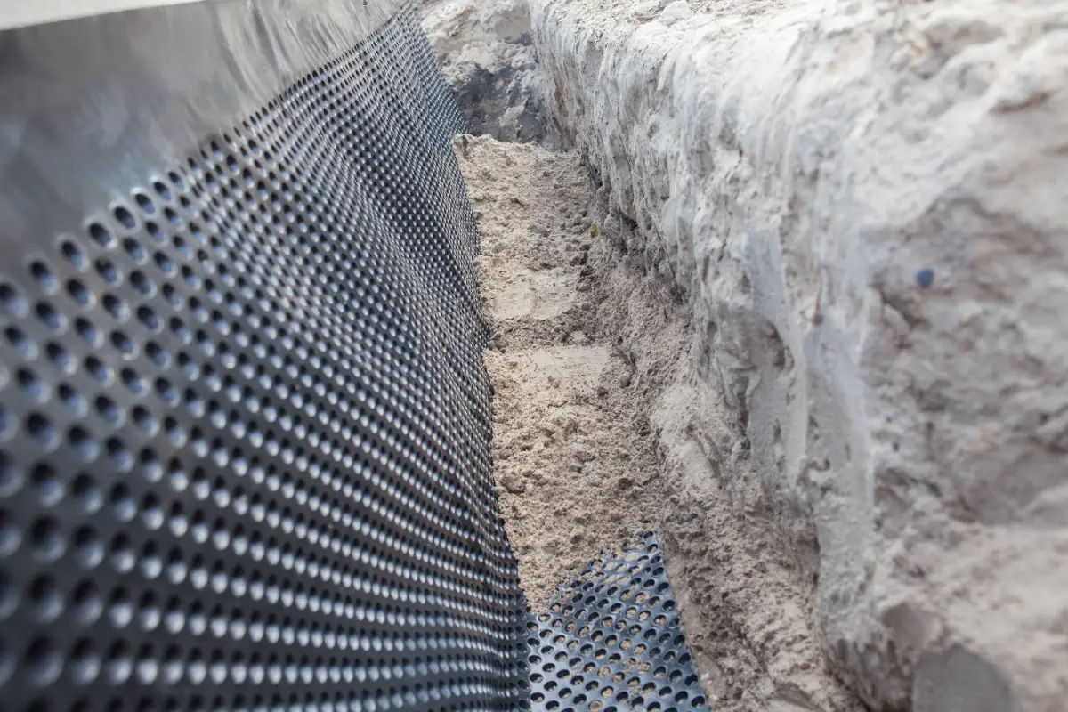 Close up view of a perforated black plastic drainage membrane installed against an excavated dirt trench wall, with sand partially filling the bottom of the trench.