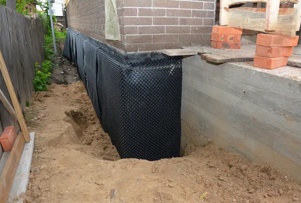 A house foundation is being waterproofed with a black dimpled membrane attached to the exterior wall. There is exposed soil, unfinished concrete, and stacks of bricks nearby.