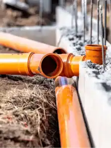 Close-up of orange plastic sewer pipes being installed underground next to a concrete foundation wall, with soil and grass visible around the construction area.