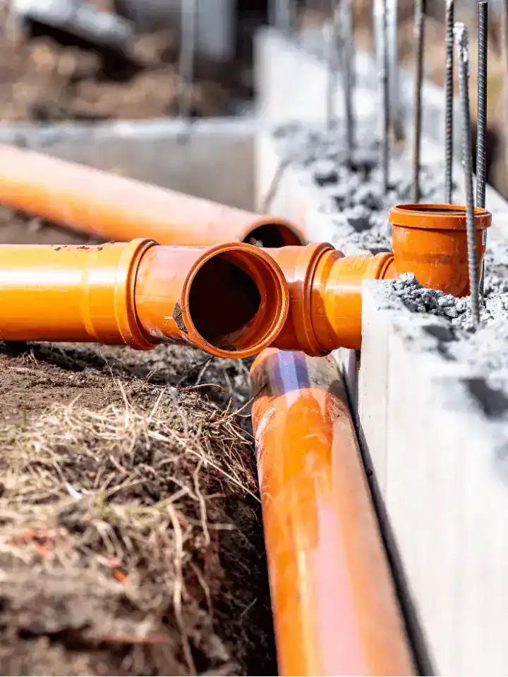 Close-up of orange plastic sewer pipes being installed underground next to a concrete foundation wall, with soil and grass visible around the construction area.