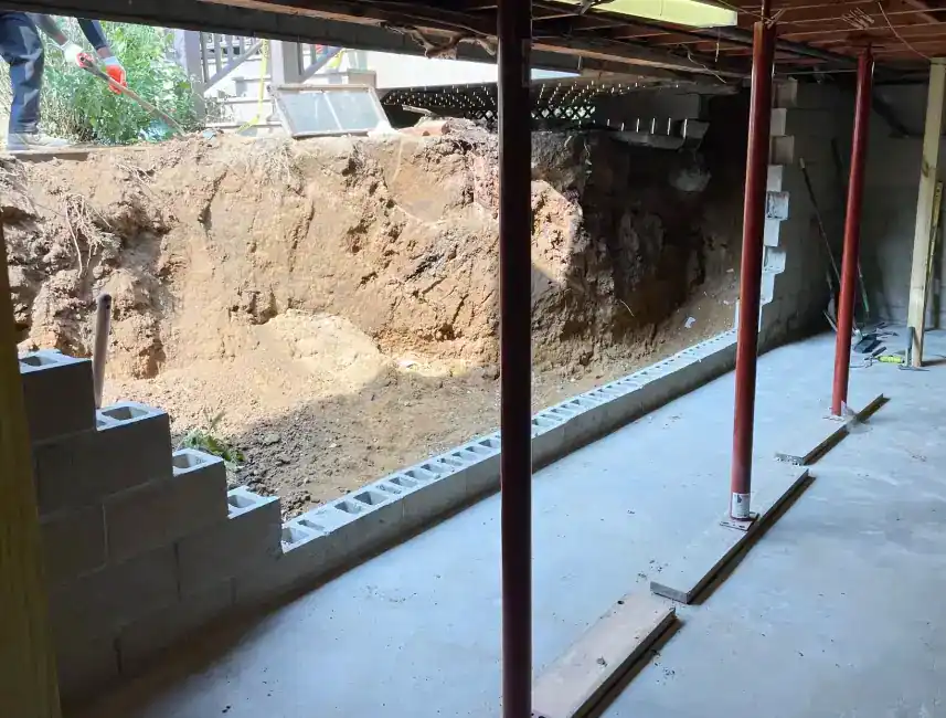 A partially demolished basement wall in NY reveals exposed soil, steel supports, and masonry contractors.