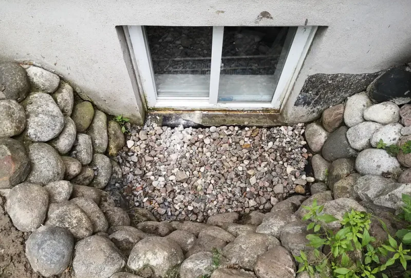 Rock garden surrounding basement windows in Suffolk County, New York, enhancing the landscape with natural stone for a durable and attractive finish by Diamond Masonry and Waterproofing